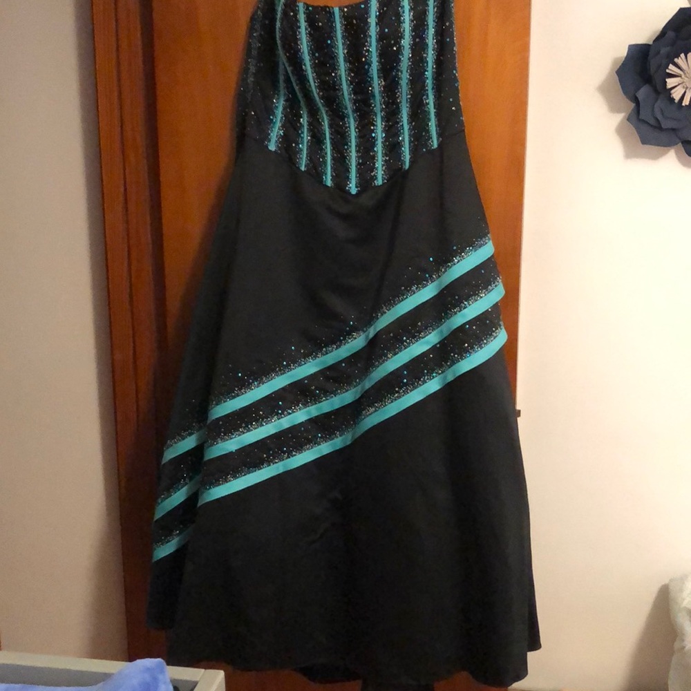 Black and teal strapless custom prom dress